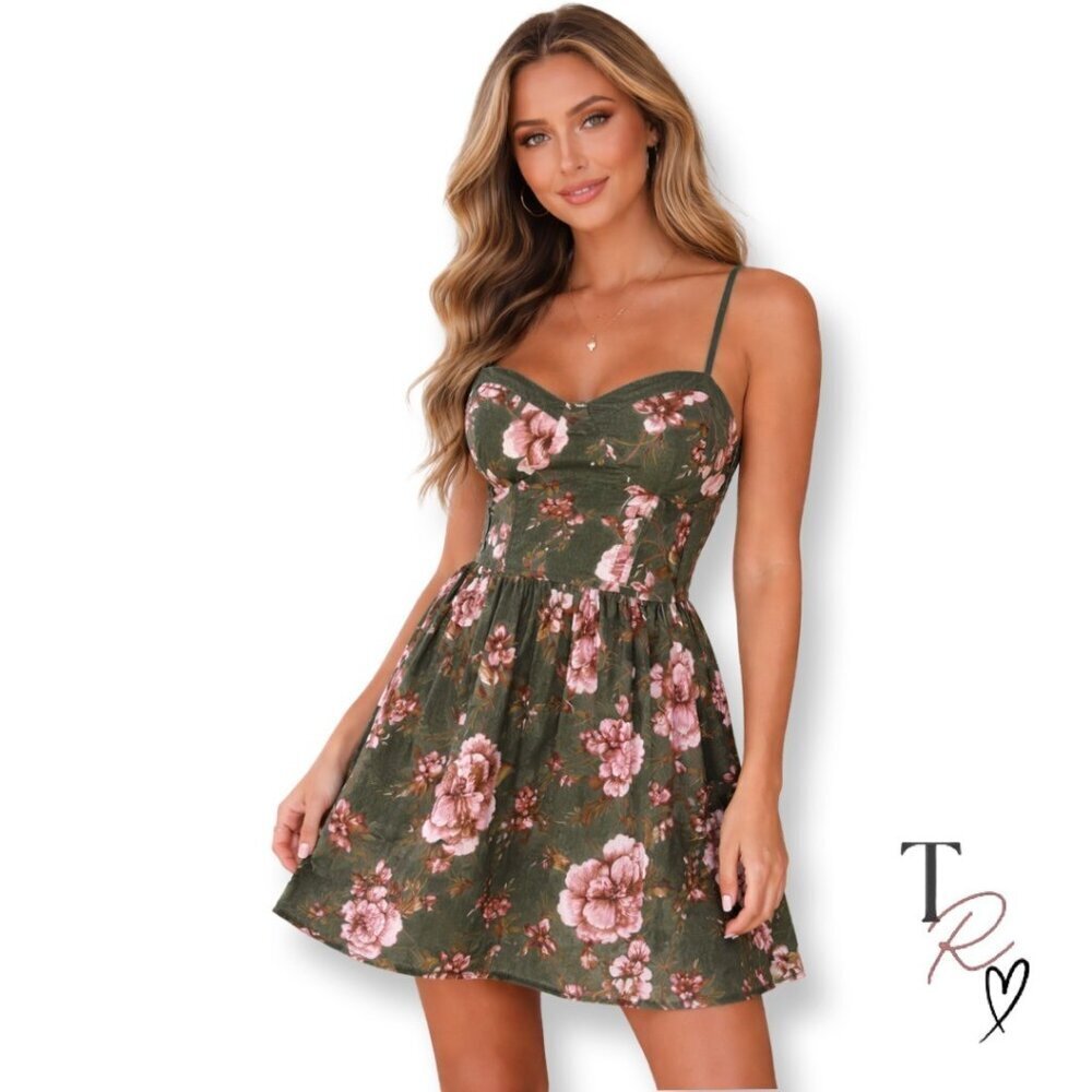BOG Collective Boho Spring Floral Corset Mini Dress in Green Pink Size Medium